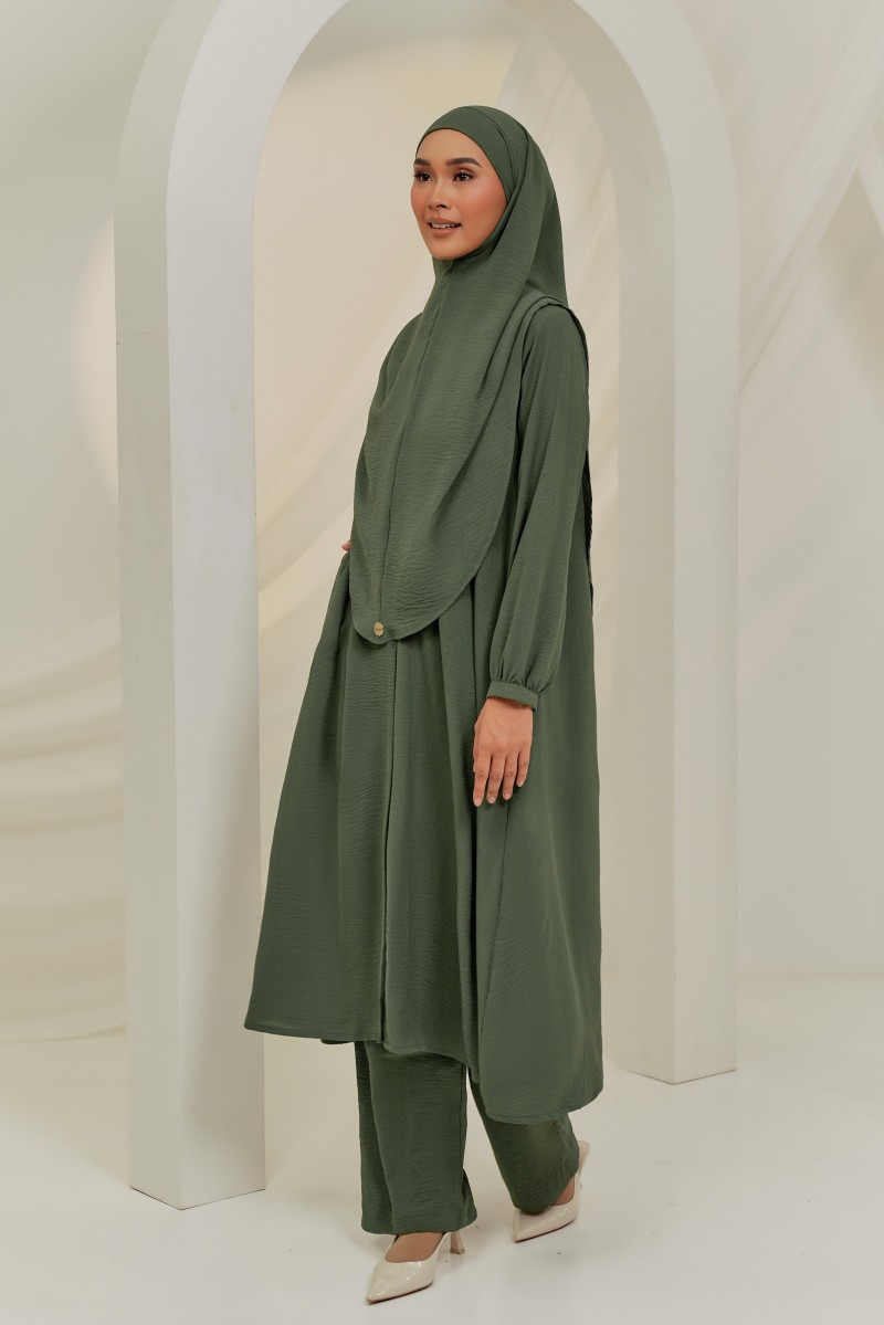 (AS-IS) LANA Set in Dusty Green with Khimar ( TOP IN S , PANTS I